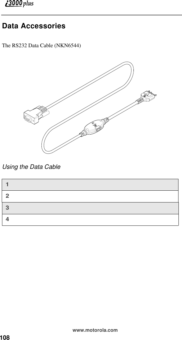 108 www.motorola.comData AccessoriesThe RS232 Data Cable (NKN6544)Using the Data Cable1234