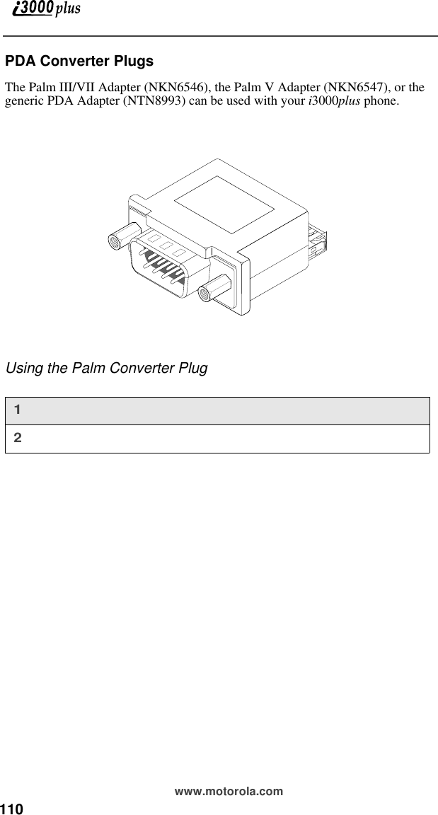 110 www.motorola.comPDA Converter PlugsThe Palm III/VII Adapter (NKN6546), the Palm V Adapter (NKN6547), or the generic PDA Adapter (NTN8993) can be used with your i3000plus phone.Using the Palm Converter Plug12