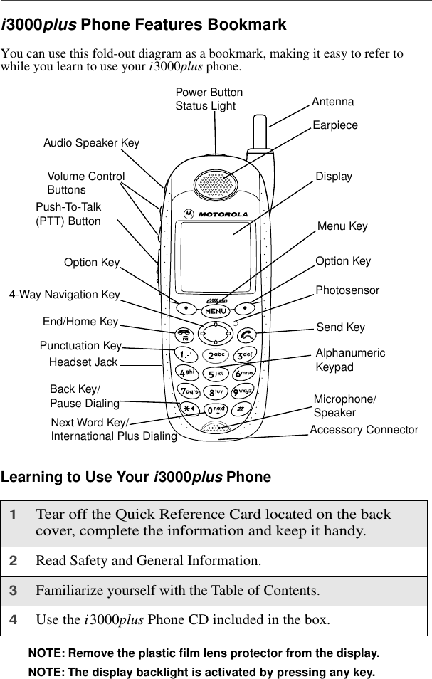 i3000plus Phone Features BookmarkYou can use this fold-out diagram as a bookmark, making it easy to refer to while you learn to use your i3000plus phone. Learning to Use Your i3000plus Phone NOTE: Remove the plastic film lens protector from the display.NOTE: The display backlight is activated by pressing any key.1Tear off the Quick Reference Card located on the back cover, complete the information and keep it handy.2Read Safety and General Information.3Familiarize yourself with the Table of Contents.4Use the i3000plus Phone CD included in the box.AntennaEarpieceDisplayMenu KeyOption KeyPhotosensorSend KeyMicrophone/SpeakerAccessory ConnectorNext Word Key/International Plus DialingBack Key/Pause DialingHeadset Jack AlphanumericKeypadPunctuation KeyEnd/Home Key4-Way Navigation KeyOption KeyPush-To-Talk (PTT) ButtonVolume ControlButtonsAudio Speaker KeyPower ButtonStatus Light3000 plus