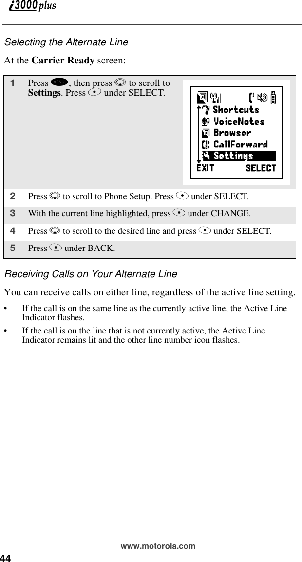 44 www.motorola.comSelecting the Alternate LineAt the Carrier Ready screen:Receiving Calls on Your Alternate LineYou can receive calls on either line, regardless of the active line setting.•If the call is on the same line as the currently active line, the Active Line Indicator flashes.•If the call is on the line that is not currently active, the Active Line Indicator remains lit and the other line number icon flashes.1Press m, then press R to scroll to Settings. Press B under SELECT. 2Press R to scroll to Phone Setup. Press A under SELECT.3With the current line highlighted, press A under CHANGE.4Press R to scroll to the desired line and press A under SELECT.5Press A under BACK.Line2     