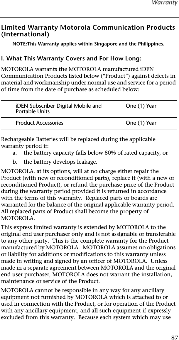 Warranty87Limited Warranty Motorola Communication Products (International)NOTE:This Warranty applies within Singapore and the Philippines.I. What This Warranty Covers and For How Long:MOTOROLA warrants the MOTOROLA manufactured iDEN Communication Products listed below (“Product”) against defects in material and workmanship under normal use and service for a period of time from the date of purchase as scheduled below:Rechargeable Batteries will be replaced during the applicable warranty period if:a. the battery capacity falls below 80% of rated capacity, orb.  the battery develops leakage.MOTOROLA, at its options, will at no charge either repair the Product (with new or reconditioned parts), replace it (with a new or reconditioned Product), or refund the purchase price of the Product during the warranty period provided it is returned in accordance with the terms of this warranty.  Replaced parts or boards are warranted for the balance of the original applicable warranty period.  All replaced parts of Product shall become the property of MOTOROLA.This express limited warranty is extended by MOTOROLA to the original end user purchaser only and is not assignable or transferable to any other party.  This is the complete warranty for the Product manufactured by MOTOROLA.  MOTOROLA assumes no obligations or liability for additions or modifications to this warranty unless made in writing and signed by an officer of MOTOROLA.  Unless made in a separate agreement between MOTOROLA and the original end user purchaser, MOTOROLA does not warrant the installation, maintenance or service of the Product.MOTOROLA cannot be responsible in any way for any ancillary equipment not furnished by MOTOROLA which is attached to or used in connection with the Product, or for operation of the Product with any ancillary equipment, and all such equipment if expressly excluded from this warranty.  Because each system which may use iDEN Subscriber Digital Mobile and Portable UnitsOne (1) YearProduct Accessories One (1) Year