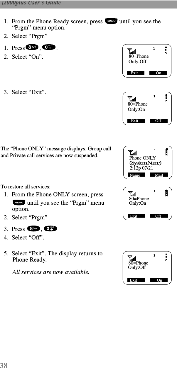 38 i2000plus User’s Guide    1.  From the Phone Ready screen, press   until you see the “Prgm” menu option.  2.  Select “Prgm”  1.  Press , .        2.  Select “On”.  3.  Select “Exit”.The “Phone ONLY” message displays. Group call and Private call services are now suspended.To restore all services:  1.  From the Phone ONLY screen, press  until you see the “Prgm” menu option.  2.  Select “Prgm”  3.  Press  ,  4.  Select “Off”.  5.  Select “Exit”. The display returns to Phone Ready.All services are now available.Exit                 On       80=PhoneOnly:Off                  next   80=PhoneOnly:OnExit                Off                     Phone ONLY 2:12p 07/21Name              Mail(System Name)80=PhoneOnly:OnExit             Off next80=PhoneOnly:OffExit         On