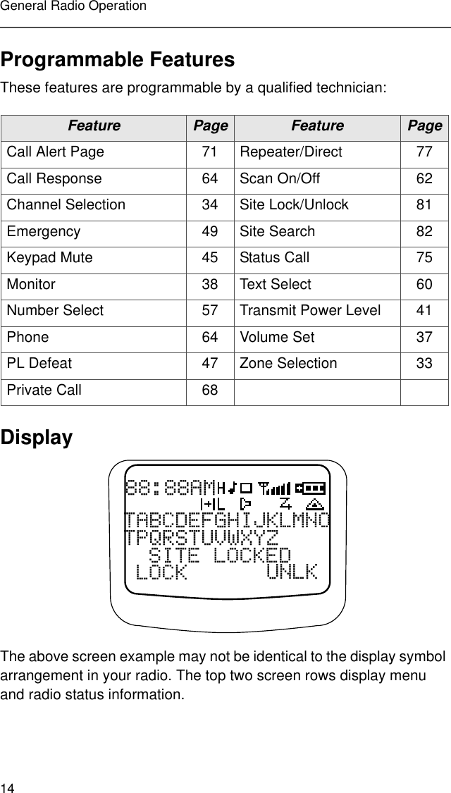 14General Radio OperationProgrammable FeaturesThese features are programmable by a qualified technician:DisplayThe above screen example may not be identical to the display symbol arrangement in your radio. The top two screen rows display menu and radio status information.Feature Page  Feature PageCall Alert Page 71 Repeater/Direct 77Call Response 64 Scan On/Off 62Channel Selection 34 Site Lock/Unlock 81Emergency 49 Site Search 82Keypad Mute 45 Status Call 75Monitor 38 Text Select 60Number Select 57 Transmit Power Level 41Phone 64 Volume Set 37PL Defeat 47 Zone Selection 33Private Call 68$07$%&amp;&apos;()*+,-./01273456789:;&lt;=6,7(/2&amp;.(&apos;/2&amp;.81/.