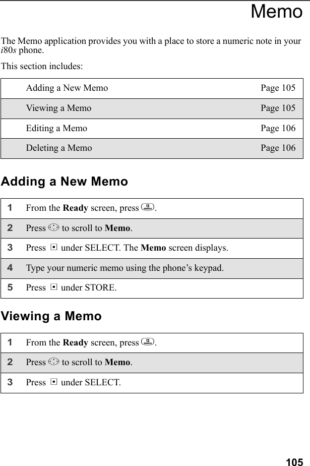 105MemoThe Memo application provides you with a place to store a numeric note in your i80s phone. This section includes: Adding a New MemoViewing a MemoAdding a New Memo Page 105Viewing a Memo Page 105Editing a Memo Page 106Deleting a Memo Page 1061From the Ready screen, press m. 2Press R to scroll to Memo.3Press B under SELECT. The Memo screen displays.4Type your numeric memo using the phone’s keypad.5Press B under STORE.1From the Ready screen, press m. 2Press R to scroll to Memo.3Press B under SELECT. 