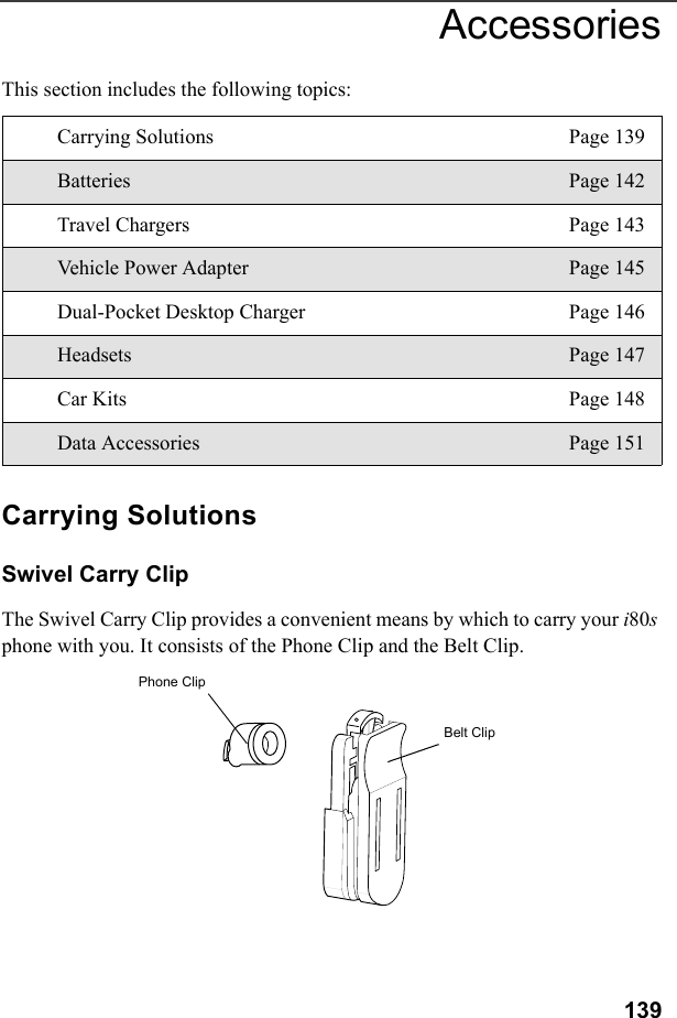 139AccessoriesThis section includes the following topics:Carrying SolutionsSwivel Carry ClipThe Swivel Carry Clip provides a convenient means by which to carry your i80s phone with you. It consists of the Phone Clip and the Belt Clip.Carrying Solutions Page 139Batteries Page 142Travel Chargers Page 143Vehicle Power Adapter Page 145Dual-Pocket Desktop Charger Page 146Headsets Page 147Car Kits Page 148Data Accessories Page 151Phone ClipBelt Clip
