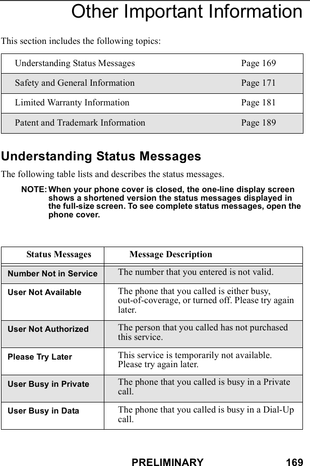 PRELIMINARY                            169Other Important InformationThis section includes the following topics:Understanding Status MessagesThe following table lists and describes the status messages.NOTE: When your phone cover is closed, the one-line display screen shows a shortened version the status messages displayed in the full-size screen. To see complete status messages, open the phone cover. Understanding Status Messages Page 169Safety and General Information   Page 171Limited Warranty Information Page 181Patent and Trademark Information Page 189Status Messages Message DescriptionNumber Not in Service The number that you entered is not valid.User Not Available The phone that you called is either busy, out-of-coverage, or turned off. Please try again later.User Not Authorized The person that you called has not purchased this service.Please Try Later This service is temporarily not available. Please try again later.User Busy in Private The phone that you called is busy in a Private call.User Busy in Data The phone that you called is busy in a Dial-Up call.