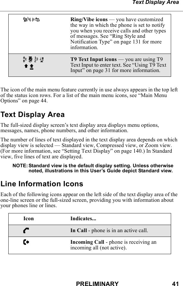 PRELIMINARY                               41Text Display AreaThe icon of the main menu feature currently in use always appears in the top left of the status icon rows. For a list of the main menu icons, see “Main Menu Options” on page 44.Text Display AreaThe full-sized display screen’s text display area displays menu options, messages, names, phone numbers, and other information.The number of lines of text displayed in the text display area depends on which display view is selected — Standard view, Compressed view, or Zoom view. (For more information, see “Setting Text Display” on page 140.) In Standard view, five lines of text are displayed.NOTE: Standard view is the default display setting. Unless otherwise noted, illustrations in this User’s Guide depict Standard view.Line Information IconsEach of the following icons appear on the left side of the text display area of the one-line screen or the full-sized screen, providing you with information about your phones line or lines.-[\ Ring/Vibe icons — you have customized the way in which the phone is set to notify you when you receive calls and other types of messages. See “Ring Style and Notification Type” on page 131 for more information.w#,!$xT9 Text Input icons — you are using T9 Text Input to enter text. See “Using T9 Text Input” on page 31 for more information.Icon Indicates...DIn Call - phone is in an active call.EIncoming Call - phone is receiving an incoming all (not active).