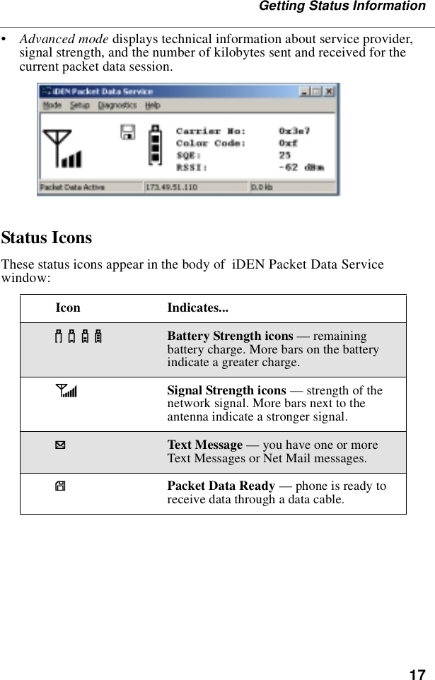 17Getting Status Information•    Advanced mode displays technical information about service provider, signal strength, and the number of kilobytes sent and received for the current packet data session.Status IconsThese status icons appear in the body of  iDEN Packet Data Service window:Icon Indicates...3456 Battery Strength icons — remaining battery charge. More bars on the battery indicate a greater charge.aSignal Strength icons — strength of the network signal. More bars next to the antenna indicate a stronger signal..Text Message — you have one or more Text Messages or Net Mail messages.YPacket Data Ready — phone is ready to receive data through a data cable.