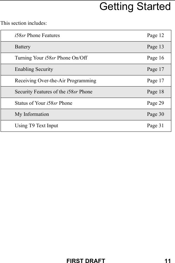 FIRST DRAFT                                    11Getting StartedThis section includes:i58sr Phone Features Page 12Battery Page 13Turning Your i58sr Phone On/Off Page 16Enabling Security Page 17Receiving Over-the-Air Programming Page 17Security Features of the i58sr Phone Page 18Status of Your i58sr Phone Page 29My Information Page 30Using T9 Text Input Page 31