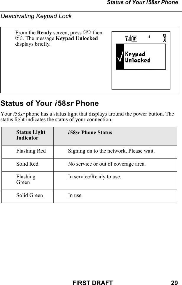 Status of Your i58sr PhoneFIRST DRAFT                                  29Deactivating Keypad LockStatus of Your i58sr PhoneYour i58sr phone has a status light that displays around the power button. The status light indicates the status of your connection.From the Ready screen, press m then *. The message Keypad Unlocked displays briefly.Status Light Indicatori58sr Phone StatusFlashing Red Signing on to the network. Please wait.Solid Red No service or out of coverage area.Flashing GreenIn service/Ready to use.Solid Green In use.                                            E   