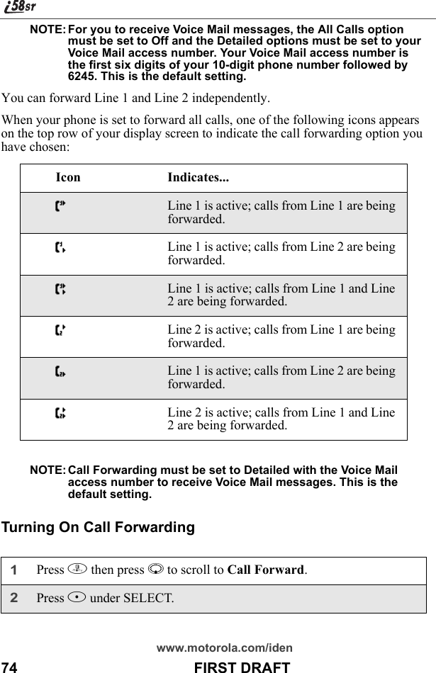 www.motorola.com/iden74                                           FIRST DRAFTNOTE: For you to receive Voice Mail messages, the All Calls option must be set to Off and the Detailed options must be set to your Voice Mail access number. Your Voice Mail access number is the first six digits of your 10-digit phone number followed by 6245. This is the default setting.You can forward Line 1 and Line 2 independently.When your phone is set to forward all calls, one of the following icons appears on the top row of your display screen to indicate the call forwarding option you have chosen:NOTE: Call Forwarding must be set to Detailed with the Voice Mail access number to receive Voice Mail messages. This is the default setting.Turning On Call ForwardingIcon Indicates...GLine 1 is active; calls from Line 1 are being forwarded.HLine 1 is active; calls from Line 2 are being forwarded.ILine 1 is active; calls from Line 1 and Line 2 are being forwarded.JLine 2 is active; calls from Line 1 are being forwarded.KLine 1 is active; calls from Line 2 are being forwarded.LLine 2 is active; calls from Line 1 and Line 2 are being forwarded.1Press m then press R to scroll to Call Forward.2Press B under SELECT.