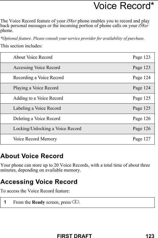 FIRST DRAFT                                    123Voice Record*The Voice Record feature of your i58sr phone enables you to record and play back personal messages or the incoming portion of phone calls on your i58sr phone.*Optional feature. Please consult your service provider for availability of purchase.This section includes: About Voice RecordYour phone can store up to 20 Voice Records, with a total time of about three minutes, depending on available memory.Accessing Voice RecordTo access the Voice Record feature:About Voice Record Page 123Accessing Voice Record Page 123Recording a Voice Record Page 124Playing a Voice Record Page 124Adding to a Voice Record Page 125Labeling a Voice Record Page 125Deleting a Voice Record Page 126Locking/Unlocking a Voice Record Page 126Voice Record Memory Page 1271From the Ready screen, press m. 