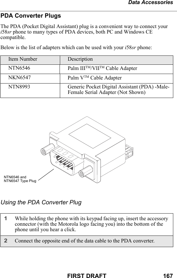 Data AccessoriesFIRST DRAFT                                  167PDA Converter PlugsThe PDA (Pocket Digital Assistant) plug is a convenient way to connect your i58sr phone to many types of PDA devices, both PC and Windows CE compatible.Below is the list of adapters which can be used with your i58sr phone:Using the PDA Converter PlugItem Number DescriptionNTN6546 Palm IIITM/VIITM Cable Adapter NKN6547 Palm VTM Cable AdapterNTN8993 Generic Pocket Digital Assistant (PDA) -Male-Female Serial Adapter (Not Shown)1While holding the phone with its keypad facing up, insert the accessory connector (with the Motorola logo facing you) into the bottom of the phone until you hear a click.2Connect the opposite end of the data cable to the PDA converter.NTN6546 and NTN6547 Type Plug