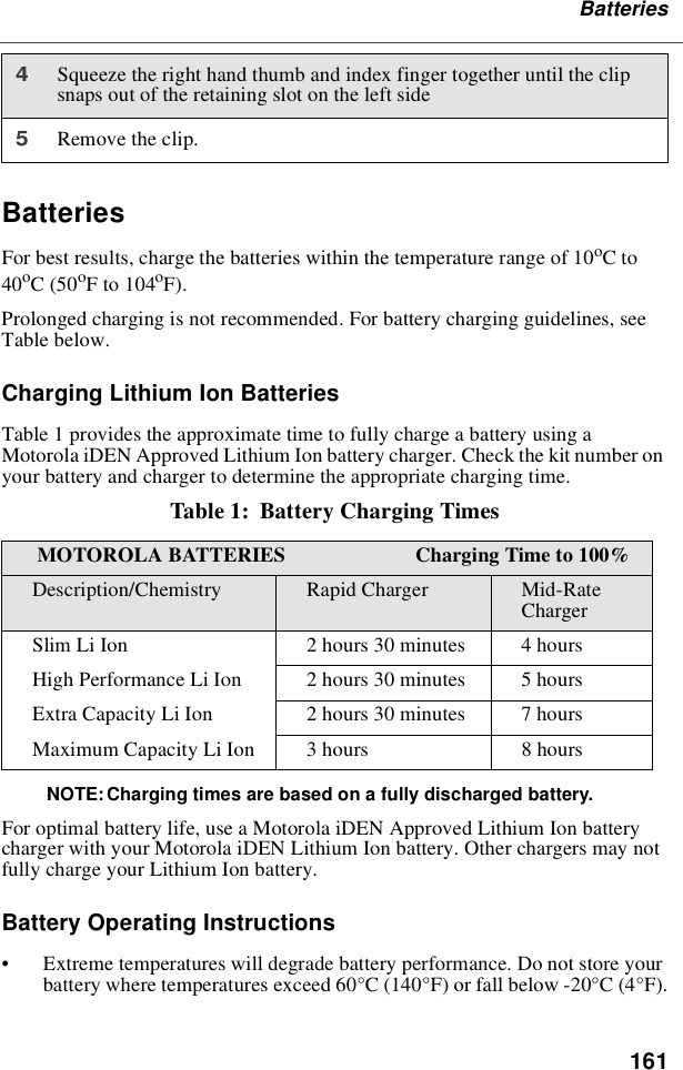 161BatteriesBatteriesFor best results, charge the batteries within the temperature range of 10oCto40oC(50oF to 104oF).Prolonged charging is not recommended. For battery charging guidelines, seeTable below.Charging Lithium Ion BatteriesTable 1 provides the approximate time to fully charge a battery using aMotorola iDEN Approved Lithium Ion battery charger. Check the kit number onyour battery and charger to determine the appropriate charging time.Table 1: Battery Charging TimesNOTE:Charging times are based on a fully discharged battery.For optimal battery life, use a Motorola iDEN Approved Lithium Ion batterycharger with your Motorola iDEN Lithium Ion battery. Other chargers may notfully charge your Lithium Ion battery.Battery Operating Instructions•Extreme temperatures will degrade battery performance. Do not store yourbattery where temperatures exceed 60°C(140°F) or fall below -20°C(4°F).4Squeeze the right hand thumb and index finger together until the clipsnaps out of the retaining slot on the left side5Remove the clip.MOTOROLA BATTERIES Charging Time to 100%Description/Chemistry Rapid Charger Mid-RateChargerSlim Li IonHigh Performance Li IonExtra Capacity Li IonMaximum Capacity Li Ion2 hours 30 minutes 4 hours2 hours 30 minutes 5 hours2 hours 30 minutes 7 hours3 hours 8 hours