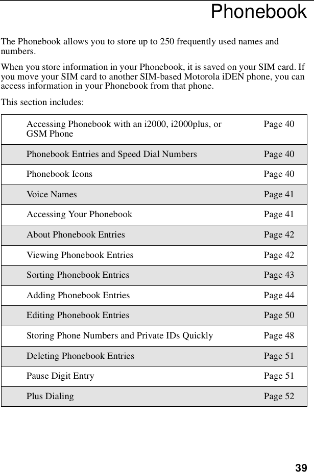 39PhonebookThe Phonebook allows you to store up to 250 frequently used names andnumbers.When you store information in your Phonebook, it is saved on your SIM card. Ifyou move your SIM card to another SIM-based Motorola iDEN phone, you canaccess information in your Phonebook from that phone.This section includes:Accessing Phonebook with an i2000, i2000plus, orGSM Phone Page 40Phonebook Entries and Speed Dial Numbers Page 40Phonebook Icons Page 40Voic e Names Page 41Accessing Your Phonebook Page 41About Phonebook Entries Page 42Viewing Phonebook Entries Page 42Sorting Phonebook Entries Page 43Adding Phonebook Entries Page 44Editing Phonebook Entries Page 50Storing Phone Numbers and Private IDs Quickly Page 48Deleting Phonebook Entries Page 51Pause Digit Entry Page 51Plus Dialing Page 52