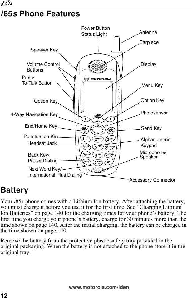 12www.motorola.com/ideni85s Phone Features BatteryYour i85s phone comes with a Lithium Ion battery. After attaching the battery, you must charge it before you use it for the first time. See “Charging Lithium Ion Batteries” on page 140 for the charging times for your phone’s battery. The first time you charge your phone’s battery, charge for 30 minutes more than the time shown on page 140. After the initial charging, the battery can be charged in the time shown on page 140.Remove the battery from the protective plastic safety tray provided in the original packaging. When the battery is not attached to the phone store it in the original tray.AntennaEarpieceDisplayMenu KeyOption KeyPhotosensorSend KeyMicrophone/SpeakerAccessory ConnectorNext Word Key/International Plus DialingBack Key/Pause DialingHeadset Jack AlphanumericKeypadPunctuation KeyEnd/Home Key4-Way Navigation KeyOption KeyPush-To-Talk ButtonVolume ControlButtons    Speaker KeyPower ButtonStatus Light