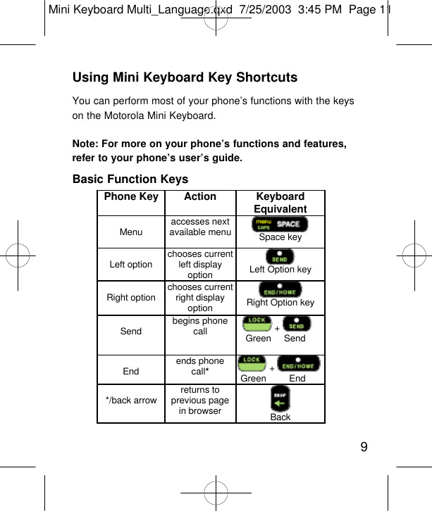 Using Mini Keyboard Key ShortcutsYou can perform most of your phone’s functions with the keyson the Motorola Mini Keyboard.Note: For more on your phone’s functions and features,refer to your phone’s user’s guide.Basic Function Keys9Phone Key Action Keyboard Equivalent  Menu accesses next available menu  Space key  Left option chooses current left display option  Left Option key  Right option chooses current right display option  Right Option key  Send begins phone call     +      Green     Send     End ends phone call*  +   Green         End  */back arrow returns to previous page in browser  Back  Mini Keyboard Multi_Language.qxd  7/25/2003  3:45 PM  Page 11