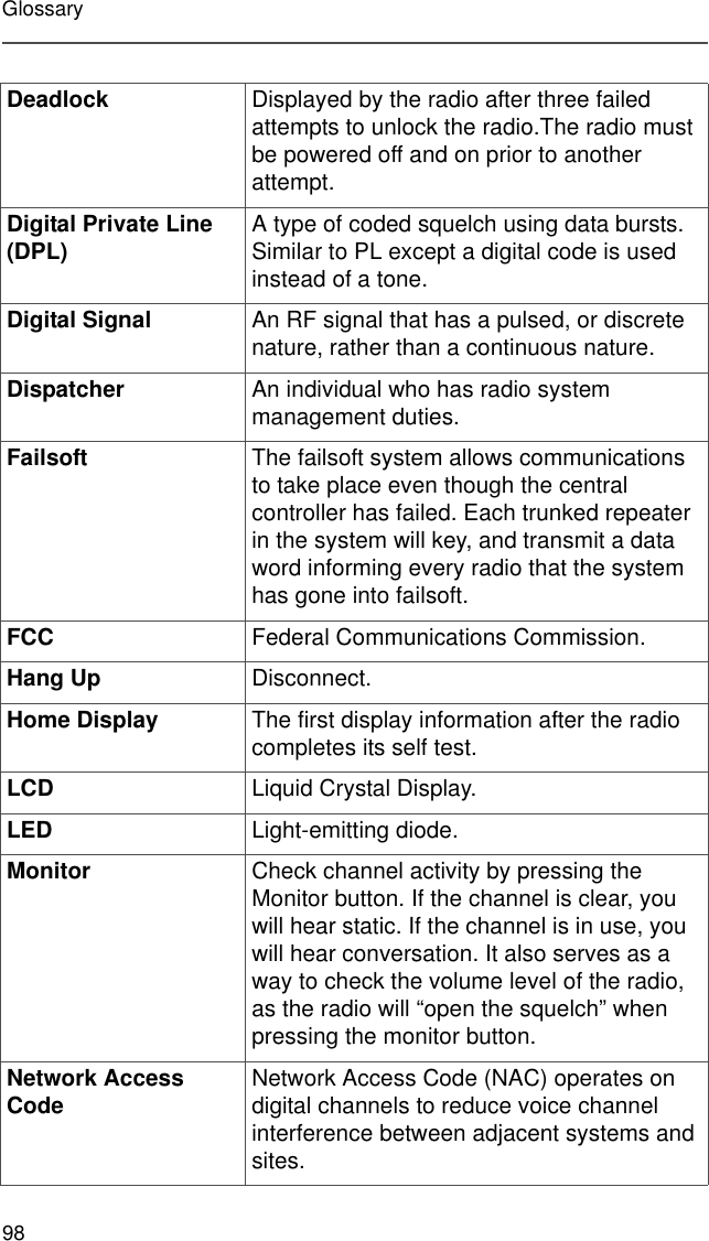 98GlossaryDeadlock Displayed by the radio after three failed attempts to unlock the radio.The radio must be powered off and on prior to another attempt.Digital Private Line (DPL) A type of coded squelch using data bursts. Similar to PL except a digital code is used instead of a tone.Digital Signal An RF signal that has a pulsed, or discrete nature, rather than a continuous nature.Dispatcher An individual who has radio system management duties.Failsoft The failsoft system allows communications to take place even though the central controller has failed. Each trunked repeater in the system will key, and transmit a data word informing every radio that the system has gone into failsoft. FCC Federal Communications Commission.Hang Up Disconnect.Home Display The first display information after the radio completes its self test.LCD Liquid Crystal Display.LED Light-emitting diode.Monitor Check channel activity by pressing the Monitor button. If the channel is clear, you will hear static. If the channel is in use, you will hear conversation. It also serves as a way to check the volume level of the radio, as the radio will “open the squelch” when pressing the monitor button.Network Access Code Network Access Code (NAC) operates on digital channels to reduce voice channel interference between adjacent systems and sites.