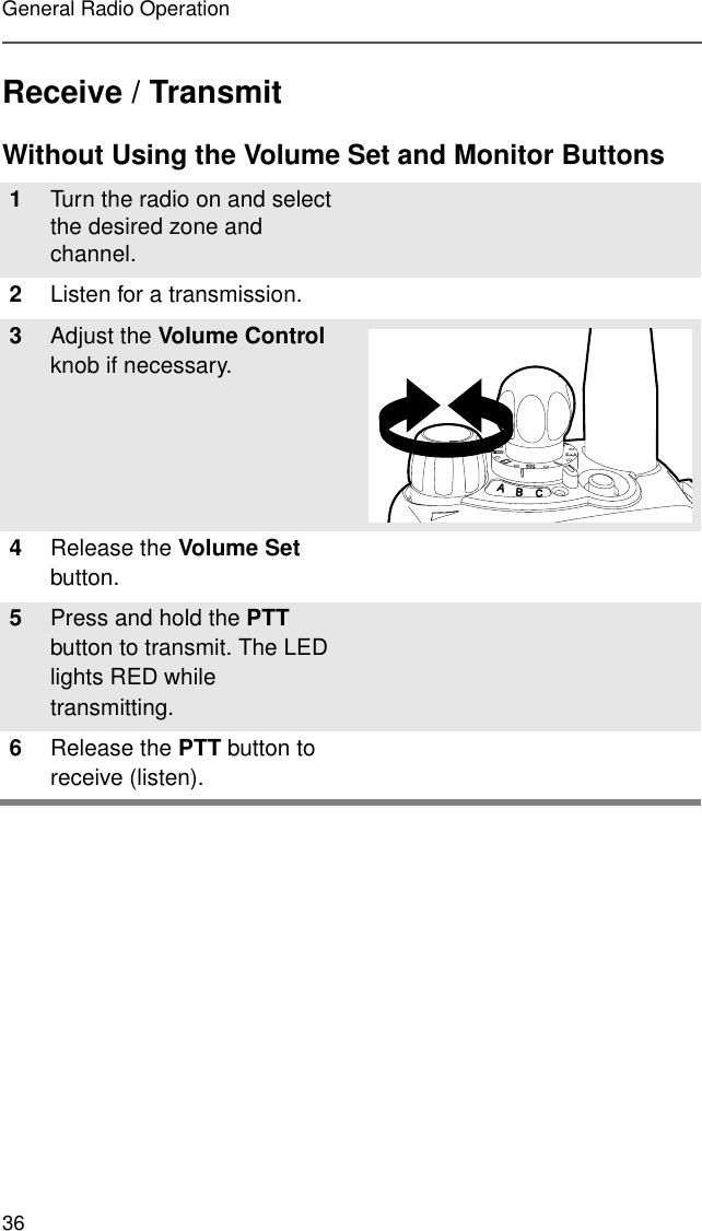 36General Radio OperationReceive / TransmitWithout Using the Volume Set and Monitor Buttons1Turn the radio on and select the desired zone and channel.2Listen for a transmission.3Adjust the Volume Control knob if necessary.4Release the Volume Set button.5Press and hold the PTT button to transmit. The LED lights RED while transmitting. 6Release the PTT button to receive (listen).