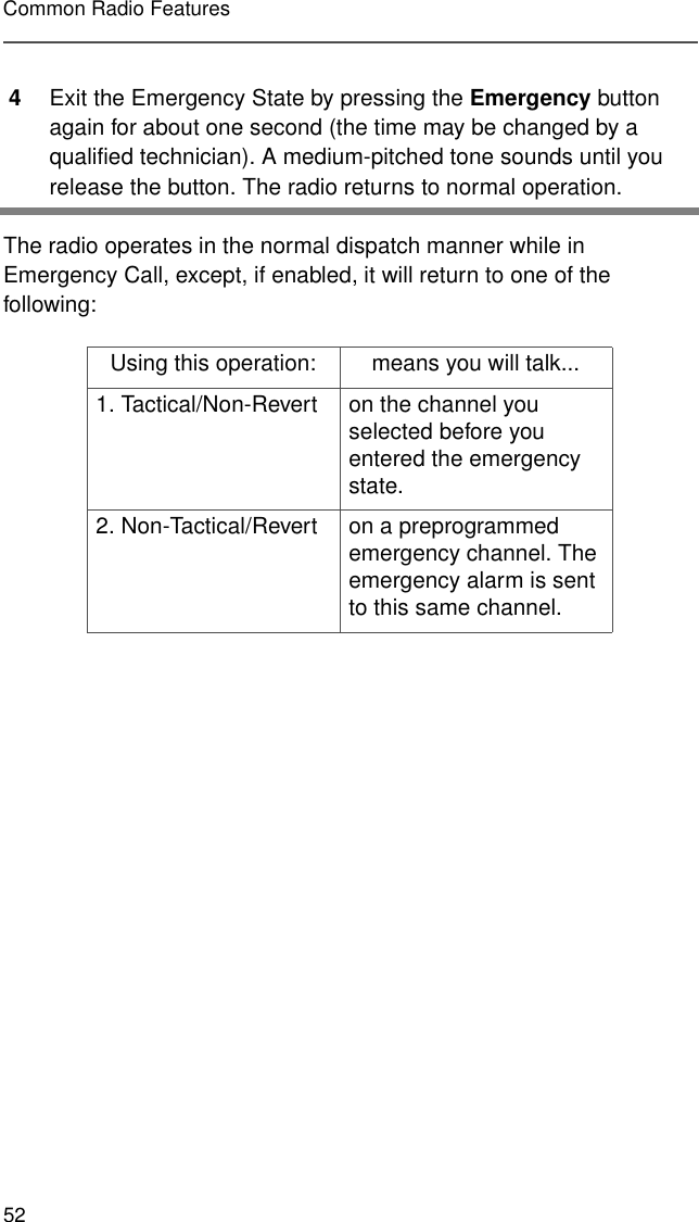 52Common Radio FeaturesThe radio operates in the normal dispatch manner while in Emergency Call, except, if enabled, it will return to one of the following:4Exit the Emergency State by pressing the Emergency button again for about one second (the time may be changed by a qualified technician). A medium-pitched tone sounds until you release the button. The radio returns to normal operation.Using this operation: means you will talk...1. Tactical/Non-Revert on the channel you selected before you entered the emergency state.2. Non-Tactical/Revert on a preprogrammed emergency channel. The emergency alarm is sent to this same channel.