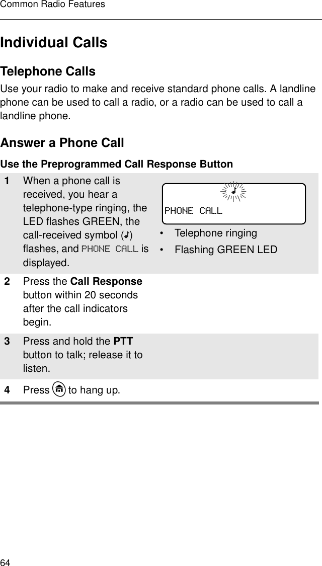 64Common Radio FeaturesIndividual CallsTelephone CallsUse your radio to make and receive standard phone calls. A landline phone can be used to call a radio, or a radio can be used to call a landline phone.Answer a Phone CallUse the Preprogrammed Call Response Button1When a phone call is received, you hear a telephone-type ringing, the LED flashes GREEN, the call-received symbol (m) flashes, and 3+21(&amp;$// is displayed.• Telephone ringing• Flashing GREEN LED2Press the Call Response button within 20 seconds after the call indicators begin.3Press and hold the PTT button to talk; release it to listen.4Press h to hang up. m3+21(&amp;$//