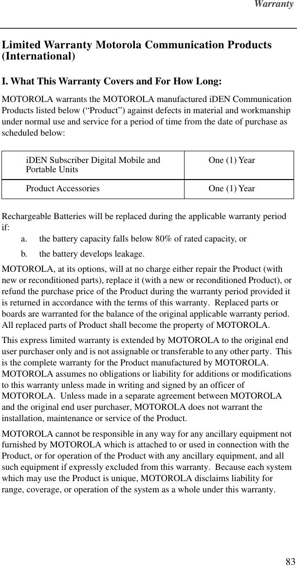 Warranty83Limited Warranty Motorola Communication Products (International)I. What This Warranty Covers and For How Long:MOTOROLA warrants the MOTOROLA manufactured iDEN Communication Products listed below (“Product”) against defects in material and workmanship under normal use and service for a period of time from the date of purchase as scheduled below:Rechargeable Batteries will be replaced during the applicable warranty period if:a. the battery capacity falls below 80% of rated capacity, orb.  the battery develops leakage.MOTOROLA, at its options, will at no charge either repair the Product (with new or reconditioned parts), replace it (with a new or reconditioned Product), or refund the purchase price of the Product during the warranty period provided it is returned in accordance with the terms of this warranty.  Replaced parts or boards are warranted for the balance of the original applicable warranty period.  All replaced parts of Product shall become the property of MOTOROLA.This express limited warranty is extended by MOTOROLA to the original end user purchaser only and is not assignable or transferable to any other party.  This is the complete warranty for the Product manufactured by MOTOROLA.  MOTOROLA assumes no obligations or liability for additions or modifications to this warranty unless made in writing and signed by an officer of MOTOROLA.  Unless made in a separate agreement between MOTOROLA and the original end user purchaser, MOTOROLA does not warrant the installation, maintenance or service of the Product.MOTOROLA cannot be responsible in any way for any ancillary equipment not furnished by MOTOROLA which is attached to or used in connection with the Product, or for operation of the Product with any ancillary equipment, and all such equipment if expressly excluded from this warranty.  Because each system which may use the Product is unique, MOTOROLA disclaims liability for range, coverage, or operation of the system as a whole under this warranty.iDEN Subscriber Digital Mobile and Portable Units One (1) YearProduct Accessories One (1) Year
