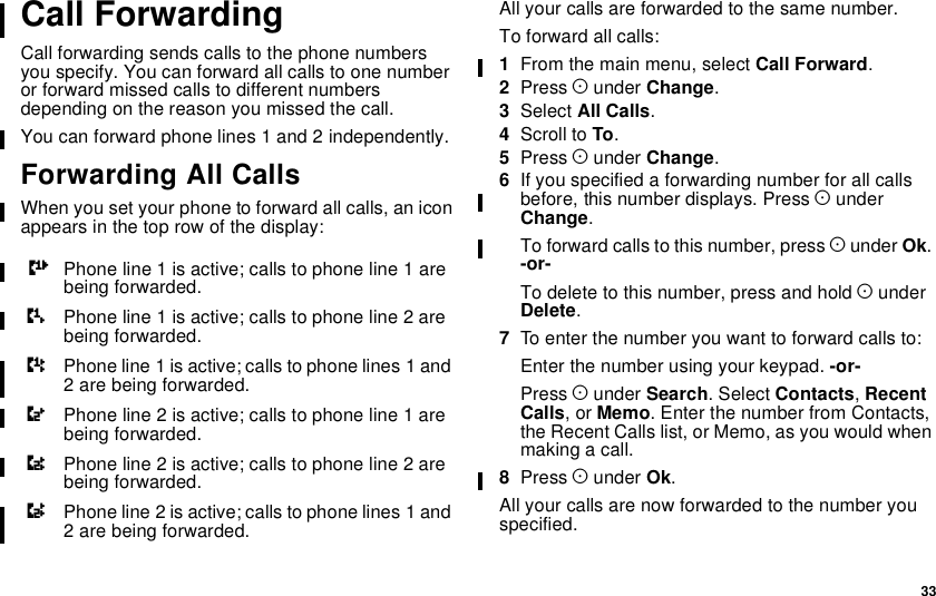 33Call ForwardingCall forwarding sends calls to the phone numbersyou specify. You can forward all calls to one numberor forward missed calls to different numbersdepending on the reason you missed the call.You can forward phone lines 1 and 2 independently.Forwarding All CallsWhen you set your phone to forward all calls, an iconappears in the top row of the display:All your calls are forwarded to the same number.To forward all calls:1From the main menu, select Call Forward.2Press Aunder Change.3Select All Calls.4Scroll to To.5Press Aunder Change.6If you specified a forwarding number for all callsbefore, this number displays. Press AunderChange.To forward calls to this number, press Aunder Ok.-or-To delete to this number, press and hold AunderDelete.7To enter the number you want to forward calls to:Enter the number using your keypad. -or-Press Aunder Search.SelectContacts,RecentCalls,orMemo. Enter the number from Contacts,the Recent Calls list, or Memo, as you would whenmaking a call.8Press Aunder Ok.All your calls are now forwarded to the number youspecified.GPhone line 1 is active; calls to phone line 1 arebeing forwarded.HPhone line 1 is active; calls to phone line 2 arebeing forwarded.IPhone line 1 is active; calls to phone lines 1 and2 are being forwarded.JPhone line 2 is active; calls to phone line 1 arebeing forwarded.KPhone line 2 is active; calls to phone line 2 arebeing forwarded.LPhone line 2 is active; calls to phone lines 1 and2 are being forwarded.