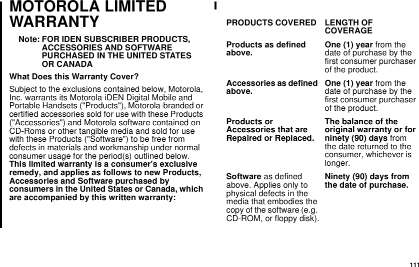 111MOTOROLA LIMITEDWARRANTYNote: FOR IDEN SUBSCRIBER PRODUCTS,ACCESSORIES AND SOFTWAREPURCHASED IN THE UNITED STATESOR CANADAWhat Does this Warranty Cover?Subject to the exclusions contained below, Motorola,Inc. warrants its Motorola iDEN Digital Mobile andPortable Handsets (&quot;Products&quot;), Motorola-branded orcertified accessories sold for use with these Products(&quot;Accessories&quot;) and Motorola software contained onCD-Roms or other tangible media and sold for usewith these Products (&quot;Software&quot;) to be free fromdefects in materials and workmanship under normalconsumer usage for the period(s) outlined below.This limited warranty is a consumer&apos;s exclusiveremedy, and applies as follows to new Products,Accessories and Software purchased byconsumers in the United States or Canada, whichare accompanied by this written warranty:PRODUCTS COVERED LENGTH OFCOVERAGEProducts as definedabove. One (1) year from thedate of purchase by thefirst consumer purchaserof the product.Accessories as definedabove. One (1) year from thedate of purchase by thefirst consumer purchaserof the product.Products orAccessories that areRepaired or Replaced.The balance of theoriginal warranty or forninety (90) days fromthedatereturnedtotheconsumer, whichever islonger.Software as definedabove. Applies only tophysical defects in themedia that embodies thecopy of the software (e.g.CD-ROM, or floppy disk).Ninety (90) days fromthe date of purchase.