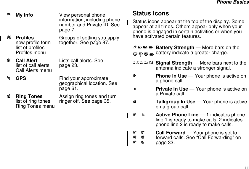 11Phone BasicsStatus IconsStatus icons appear at the top of the display. Someappear at all times. Others appear only when yourphone is engaged in certain activities or when youhave activated certain features.jMy Info View personal phoneinformation, including phonenumber and Private ID. Seepage 7.pProfilesnew profile formlist of profilesProfiles menuGroups of setting you applytogether. See page 87.kCall Alertlist of call alertsCall Alerts menuLists call alerts. Seepage 23.lGPS Find your approximategeographical location. Seepage 61.mRing Toneslist of ring tonesRing Tones menuAssign ring tones and turnringer off. See page 35.abcdefgdBattery Strength — More bars on thebattery indicate a greater charge.opqrs Signal Strength — More bars next to theantenna indicate a stronger signal.APhone In Use — Your phone is active onaphonecall.BPrivate In Use — Your phone is active ona Private call.CTalkgroup In Use — Your phone is activeonagroupcall.12 Active Phone Line — 1 indicates phoneline 1 is ready to make calls; 2 indicatesphone line 2 is ready to make calls.GJHKILCall Forward — Your phone is set toforward calls. See “Call Forwarding” onpage 33.