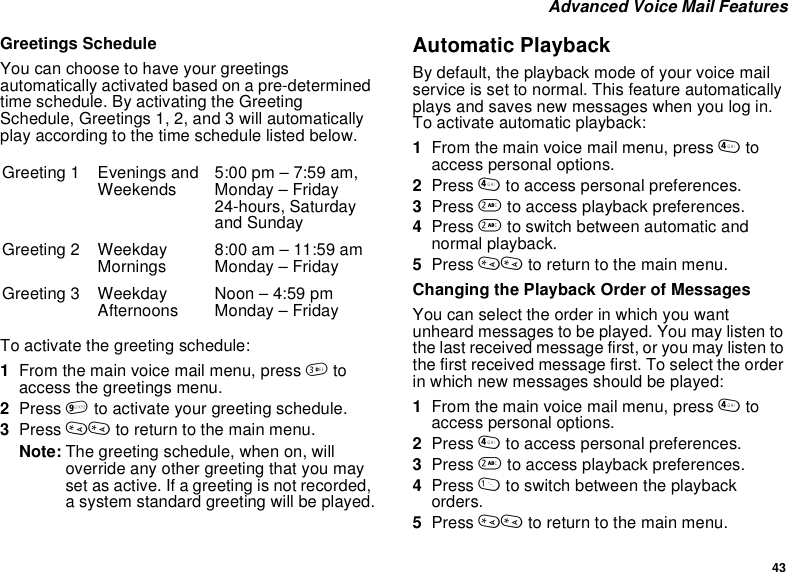 43Advanced Voice Mail FeaturesGreetings ScheduleYou can choose to have your greetingsautomatically activated based on a pre-determinedtime schedule. By activating the GreetingSchedule, Greetings 1, 2, and 3 will automaticallyplay according to the time schedule listed below.To activate the greeting schedule:1From the main voice mail menu, press 3toaccess the greetings menu.2Press 9to activate your greeting schedule.3Press ** to return to the main menu.Note: The greeting schedule, when on, willoverride any other greeting that you mayset as active. If a greeting is not recorded,asystemstandardgreetingwillbeplayed.Automatic PlaybackBy default, the playback mode of your voice mailservice is set to normal. This feature automaticallyplays and saves new messages when you log in.To activate automatic playback:1From the main voice mail menu, press 4toaccess personal options.2Press 4to access personal preferences.3Press 2to access playback preferences.4Press 2to switch between automatic andnormal playback.5Press ** to return to the main menu.Changing the Playback Order of MessagesYoucanselecttheorderinwhichyouwantunheard messages to be played. You may listen tothe last received message first, or you may listen tothe first received message first. To select the orderin which new messages should be played:1From the main voice mail menu, press 4toaccess personal options.2Press 4to access personal preferences.3Press 2to access playback preferences.4Press 1to switch between the playbackorders.5Press ** to return to the main menu.Greeting 1 Evenings andWeekends 5:00 pm – 7:59 am,Monday – Friday24-hours, Saturdayand SundayGreeting 2 WeekdayMornings 8:00 am – 11:59 amMonday – FridayGreeting 3 WeekdayAfternoons Noon–4:59pmMonday – Friday