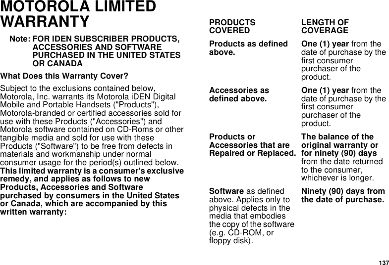 137MOTOROLA LIMITEDWARRANTYNote: FOR IDEN SUBSCRIBER PRODUCTS,ACCESSORIES AND SOFTWAREPURCHASED IN THE UNITED STATESOR CANADAWhat Does this Warranty Cover?Subject to the exclusions contained below,Motorola, Inc. warrants its Motorola iDEN DigitalMobile and Portable Handsets (&quot;Products&quot;),Motorola-branded or certified accessories sold foruse with these Products (&quot;Accessories&quot;) andMotorola software contained on CD-Roms or othertangible media and sold for use with theseProducts (&quot;Software&quot;) to be free from defects inmaterials and workmanship under normalconsumer usage for the period(s) outlined below.Thislimitedwarrantyisaconsumer&apos;sexclusiveremedy, and applies as follows to newProducts, Accessories and Softwarepurchased by consumers in the United Statesor Canada, which are accompanied by thiswritten warranty:PRODUCTSCOVERED LENGTH OFCOVERAGEProducts as definedabove. One (1) year from thedate of purchase by thefirst consumerpurchaser of theproduct.Accessories asdefined above. One (1) year from thedate of purchase by thefirst consumerpurchaser of theproduct.Products orAccessories that areRepaired or Replaced.The balance of theoriginal warranty orfor ninety (90) daysfrom the date returnedto the consumer,whichever is longer.Software as definedabove. Applies only tophysical defects in themedia that embodiesthe copy of the software(e.g. CD-ROM, orfloppy disk).Ninety (90) days fromthe date of purchase.