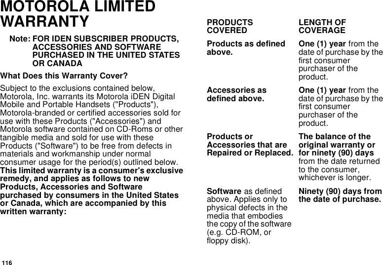 116MOTOROLA LIMITEDWARRANTYNote: FOR IDEN SUBSCRIBER PRODUCTS,ACCESSORIES AND SOFTWAREPURCHASED IN THE UNITED STATESOR CANADAWhat Does this Warranty Cover?Subject to the exclusions contained below,Motorola, Inc. warrants its Motorola iDEN DigitalMobile and Portable Handsets (&quot;Products&quot;),Motorola-branded or certified accessories sold foruse with these Products (&quot;Accessories&quot;) andMotorola software contained on CD-Roms or othertangible media and sold for use with theseProducts (&quot;Software&quot;) to be free from defects inmaterials and workmanship under normalconsumer usage for the period(s) outlined below.Thislimitedwarrantyisaconsumer&apos;sexclusiveremedy, and applies as follows to newProducts, Accessories and Softwarepurchased by consumers in the United Statesor Canada, which are accompanied by thiswritten warranty:PRODUCTSCOVERED LENGTH OFCOVERAGEProducts as definedabove. One (1) year from thedate of purchase by thefirst consumerpurchaser of theproduct.Accessories asdefined above. One (1) year from thedate of purchase by thefirst consumerpurchaser of theproduct.Products orAccessories that areRepaired or Replaced.The balance of theoriginal warranty orfor ninety (90) daysfrom the date returnedto the consumer,whichever is longer.Software as definedabove. Applies only tophysical defects in themedia that embodiesthe copy of the software(e.g. CD-ROM, orfloppy disk).Ninety (90) days fromthedateofpurchase.