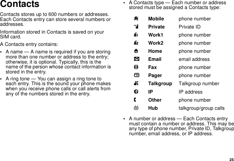 25ContactsContacts stores up to 600 numbers or addresses. Each Contacts entry can store several numbers or addresses.Information stored in Contacts is saved on your SIM card.A Contacts entry contains:•A name — A name is required if you are storing more than one number or address to the entry; otherwise, it is optional. Typically, this is the name of the person whose contact information is stored in the entry.•A ring tone — You can assign a ring tone to each entry. This is the sound your phone makes when you receive phone calls or call alerts from any of the numbers stored in the entry.•A Contacts type — Each number or address stored must be assigned a Contacts type:•A number or address — Each Contacts entry must contain a number or address. This may be any type of phone number, Private ID, Talkgroup number, email address, or IP address.AMobile phone numberBPrivate Private IDCWork1 phone numberDWork2 phone numberEHome phone numberFEmail email addressGFax phone numberHPager phone numberITalkgroup Talkgroup numberJIP IP addressKOther phone numberHub talkgroup/group calls