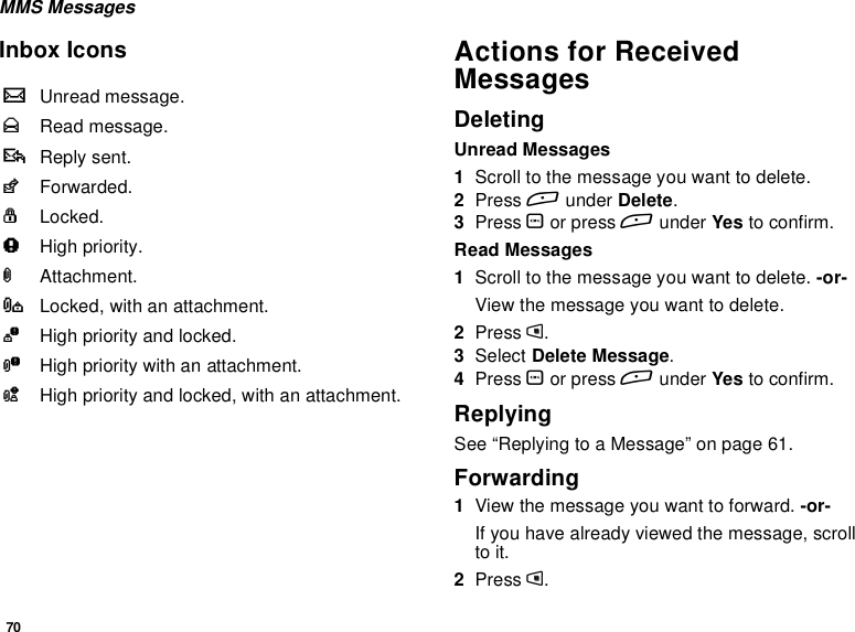 70MMS MessagesInbox Icons Actions for ReceivedMessagesDeletingUnread Messages1Scroll to the message you want to delete.2Press Aunder Delete.3Press Oor press Aunder Yes to confirm.Read Messages1Scroll to the message you want to delete. -or-View the message you want to delete.2Press m.3Select Delete Message.4Press Oor press Aunder Yes to confirm.ReplyingSee “Replying to a Message” on page 61.Forwarding1View the message you want to forward. -or-If you have already viewed the message, scrollto it.2Press m.uUnread message.TRead message.rReply sent.NForwarded.OLocked.wHigh priority.LAttachment.xLocked, with an attachment.zHigh priority and locked.yHigh priority with an attachment.{High priority and locked, with an attachment.