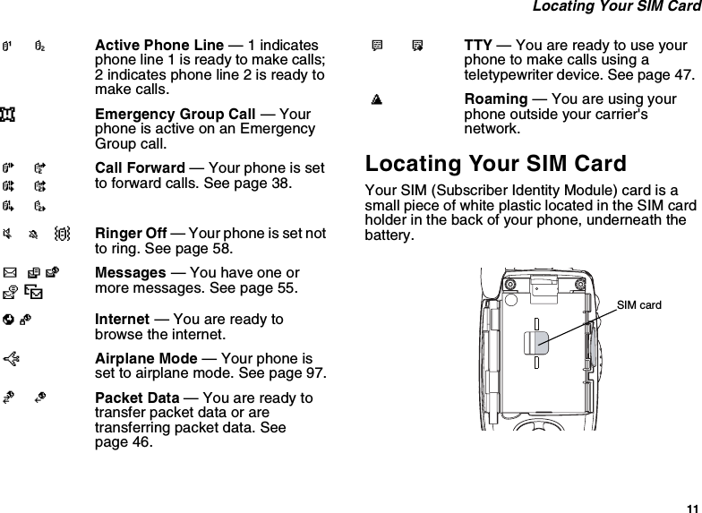 11Locating Your SIM CardLocating Your SIM CardYour SIM (Subscriber Identity Module) card is asmall piece of white plastic located in the SIM cardholder in the back of your phone, underneath thebattery.12 Active Phone Line —1indicatesphone line 1 is ready to make calls;2 indicates phone line 2 is ready tomake calls.eEmergency Group Call —YourphoneisactiveonanEmergencyGroup call.GJHKILCall Forward — Your phone is setto forward calls. See page 38.u M Q Ringer Off — Your phone is set notto ring. See page 58.wxT yzMessages — You have one ormore messages. See page 55.DE Internet — You are ready tobrowse the internet.UAirplane Mode — Your phone isset to airplane mode. See page 97.YZ Packet Data — You are ready totransfer packet data or aretransferring packet data. Seepage 46.N O TTY — You are ready to use yourphonetomakecallsusingateletypewriter device. See page 47.tRoaming — You are using yourphone outside your carrier&apos;snetwork.SIM card