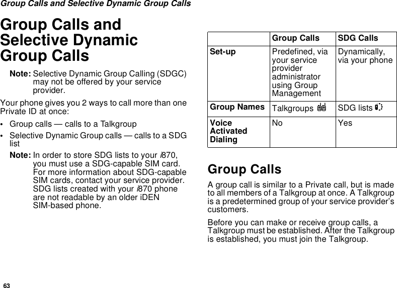 63Group Calls and Selective Dynamic Group CallsGroup Calls and Selective Dynamic Group CallsNote: Selective Dynamic Group Calling (SDGC) may not be offered by your service provider.Your phone gives you 2 ways to call more than one Private ID at once:•Group calls — calls to a Talkgroup•Selective Dynamic Group calls — calls to a SDG listNote: In order to store SDG lists to your i870, you must use a SDG-capable SIM card. For more information about SDG-capable SIM cards, contact your service provider. SDG lists created with your i870 phone are not readable by an older iDEN SIM-based phone.Group CallsA group call is similar to a Private call, but is made to all members of a Talkgroup at once. A Talkgroup is a predetermined group of your service provider’s customers.Before you can make or receive group calls, a Talkgroup must be established. After the Talkgroup is established, you must join the Talkgroup.Group Calls SDG CallsSet-up Predefined, via your service provider administrator using Group ManagementDynamically, via your phoneGroup Names Talkgroups ISDG lists SVoice Activated DialingNo Yes