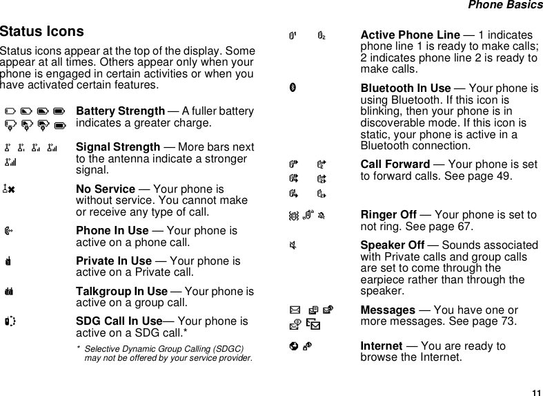 11 Phone BasicsStatus IconsStatus icons appear at the top of the display. Some appear at all times. Others appear only when your phone is engaged in certain activities or when you have activated certain features.abcdefgdBattery Strength — A fuller battery indicates a greater charge.o p q r sSignal Strength — More bars next to the antenna indicate a stronger signal.6No Service — Your phone is without service. You cannot make or receive any type of call.APhone In Use — Your phone is active on a phone call.BPrivate In Use — Your phone is active on a Private call.CTalkgroup In Use — Your phone is active on a group call.SSDG Call In Use— Your phone is active on a SDG call.** Selective Dynamic Group Calling (SDGC) may not be offered by your service provider.1  2Active Phone Line — 1 indicates phone line 1 is ready to make calls; 2 indicates phone line 2 is ready to make calls.BBluetooth In Use — Your phone is using Bluetooth. If this icon is blinking, then your phone is in discoverable mode. If this icon is static, your phone is active in a Bluetooth connection.G J H K I LCall Forward — Your phone is set to forward calls. See page 49.QRM Ringer Off — Your phone is set to not ring. See page 67.u  Speaker Off — Sounds associated with Private calls and group calls are set to come through the earpiece rather than through the speaker.w xT yzMessages — You have one or more messages. See page 73.DE Internet — You are ready to browse the Internet.