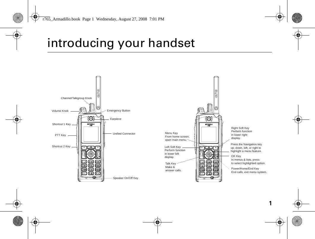1introducing your handsetLeft Soft KeyPerform functionin lower leftdisplay.Right Soft KeyPerform functionin lower rightdisplay.Menu KeyFrom home screen,open main menu.Talk KeyMake &amp; answer calls. Power/Home/End KeyEnd calls, exit menu system.OK KeyIn menus &amp; lists, press to select highlighted option.EarpiecePress the Navigation keyup, down, left, or right tohighlight a menu feature.Speaker On/Off KeyUnified ConnectorChannel/Talkgroup KnobVolume Knob Emergency ButtonPTT KeyShortcut 1 KeyShortcut 2 Keyr765_Armadillo.book  Page 1  Wednesday, August 27, 2008  7:01 PM