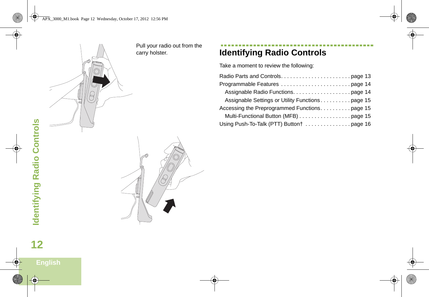 Identifying Radio ControlsEnglish12Pull your radio out from the carry holster. Identifying Radio ControlsTake a moment to review the following:Radio Parts and Controls. . . . . . . . . . . . . . . . . . . . . . . page 13Programmable Features . . . . . . . . . . . . . . . . . . . . . . . page 14Assignable Radio Functions. . . . . . . . . . . . . . . . . . . page 14Assignable Settings or Utility Functions . . . . . . . . . . page 15Accessing the Preprogrammed Functions. . . . . . . . . . page 15Multi-Functional Button (MFB) . . . . . . . . . . . . . . . . . page 15Using Push-To-Talk (PTT) Button†  . . . . . . . . . . . . . . . page 16APX_3000_M1.book  Page 12  Wednesday, October 17, 2012  12:56 PM