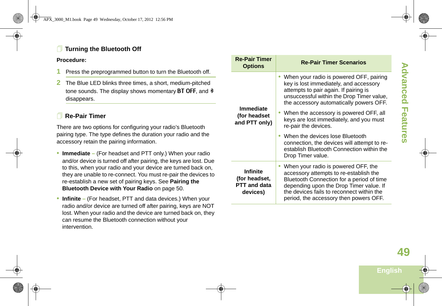 Advanced FeaturesEnglish49Turning the Bluetooth Off Procedure:1Press the preprogrammed button to turn the Bluetooth off.2The Blue LED blinks three times, a short, medium-pitched tone sounds. The display shows momentary BT OFF, and b disappears.Re-Pair TimerThere are two options for configuring your radio’s Bluetooth pairing type. The type defines the duration your radio and the accessory retain the pairing information.•Immediate – (For headset and PTT only.) When your radio and/or device is turned off after pairing, the keys are lost. Due to this, when your radio and your device are turned back on, they are unable to re-connect. You must re-pair the devices to re-establish a new set of pairing keys. See Pairing the Bluetooth Device with Your Radio on page 50. •Infinite – (For headset, PTT and data devices.) When your radio and/or device are turned off after pairing, keys are NOT lost. When your radio and the device are turned back on, they can resume the Bluetooth connection without your intervention.  Re-Pair Timer Options Re-Pair Timer ScenariosImmediate(for headset and PTT only)•When your radio is powered OFF, pairing key is lost immediately, and accessory attempts to pair again. If pairing is unsuccessful within the Drop Timer value, the accessory automatically powers OFF.•When the accessory is powered OFF, all keys are lost immediately, and you must re-pair the devices.•When the devices lose Bluetooth connection, the devices will attempt to re-establish Bluetooth Connection within the Drop Timer value.Infinite(for headset, PTT and data devices)•When your radio is powered OFF, the accessory attempts to re-establish the Bluetooth Connection for a period of time depending upon the Drop Timer value. If the devices fails to reconnect within the period, the accessory then powers OFF.APX_3000_M1.book  Page 49  Wednesday, October 17, 2012  12:56 PM
