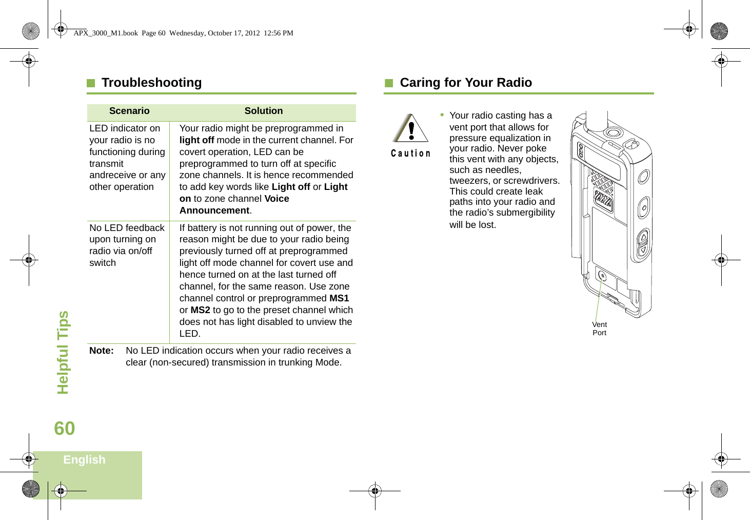 Helpful TipsEnglish60Troubleshooting   Caring for Your RadioScenario SolutionLED indicator on your radio is no functioning during transmit andreceive or any other operationYour radio might be preprogrammed in light off mode in the current channel. For covert operation, LED can be preprogrammed to turn off at specific zone channels. It is hence recommended to add key words like Light off or Light on to zone channel Voice Announcement.No LED feedback upon turning on radio via on/off switchIf battery is not running out of power, the reason might be due to your radio being previously turned off at preprogrammed light off mode channel for covert use and hence turned on at the last turned off channel, for the same reason. Use zone channel control or preprogrammed MS1 or MS2 to go to the preset channel which does not has light disabled to unview the LED.Note: No LED indication occurs when your radio receives a clear (non-secured) transmission in trunking Mode.•Your radio casting has a vent port that allows for pressure equalization in your radio. Never poke this vent with any objects, such as needles, tweezers, or screwdrivers. This could create leak paths into your radio and the radio’s submergibility will be lost.   !Vent PortAPX_3000_M1.book  Page 60  Wednesday, October 17, 2012  12:56 PM