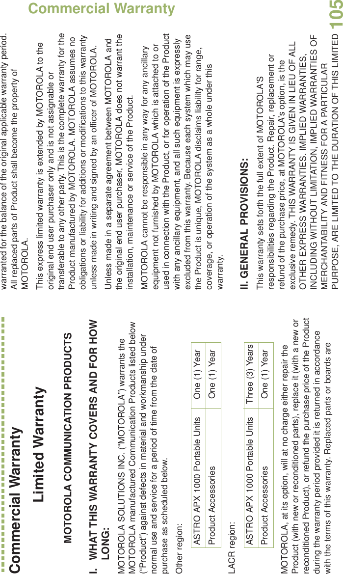 Commercial WarrantyEnglish105Commercial WarrantyLimited WarrantyMOTOROLA COMMUNICATION PRODUCTSI. WHAT THIS WARRANTY COVERS AND FOR HOW LONG:MOTOROLA SOLUTIONS INC. (“MOTOROLA”) warrants the MOTOROLA manufactured Communication Products listed below (“Product”) against defects in material and workmanship under normal use and service for a period of time from the date of purchase as scheduled below.Other region:LACR region:MOTOROLA, at its option, will at no charge either repair the Product (with new or reconditioned parts), replace it (with a new or reconditioned Product), or refund the purchase price of the Product during the warranty period provided it is returned in accordance with the terms of this warranty. Replaced parts or boards are warranted for the balance of the original applicable warranty period. All replaced parts of Product shall become the property of MOTOROLA.This express limited warranty is extended by MOTOROLA to the original end user purchaser only and is not assignable or transferable to any other party. This is the complete warranty for the Product manufactured by MOTOROLA. MOTOROLA assumes no obligations or liability for additions or modifications to this warranty unless made in writing and signed by an officer of MOTOROLA. Unless made in a separate agreement between MOTOROLA and the original end user purchaser, MOTOROLA does not warrant the installation, maintenance or service of the Product.MOTOROLA cannot be responsible in any way for any ancillary equipment not furnished by MOTOROLA which is attached to or used in connection with the Product, or for operation of the Product with any ancillary equipment, and all such equipment is expressly excluded from this warranty. Because each system which may use the Product is unique, MOTOROLA disclaims liability for range, coverage, or operation of the system as a whole under this warranty.II. GENERAL PROVISIONS:This warranty sets forth the full extent of MOTOROLA&apos;S responsibilities regarding the Product. Repair, replacement or refund of the purchase price, at MOTOROLA’s option, is the exclusive remedy. THIS WARRANTY IS GIVEN IN LIEU OF ALL OTHER EXPRESS WARRANTIES. IMPLIED WARRANTIES, INCLUDING WITHOUT LIMITATION, IMPLIED WARRANTIES OF MERCHANTABILITY AND FITNESS FOR A PARTICULAR PURPOSE, ARE LIMITED TO THE DURATION OF THIS LIMITED ASTRO APX 1000 Portable Units One (1) YearProduct Accessories One (1) YearASTRO APX 1000 Portable Units Three (3) YearsProduct Accessories One (1) Year