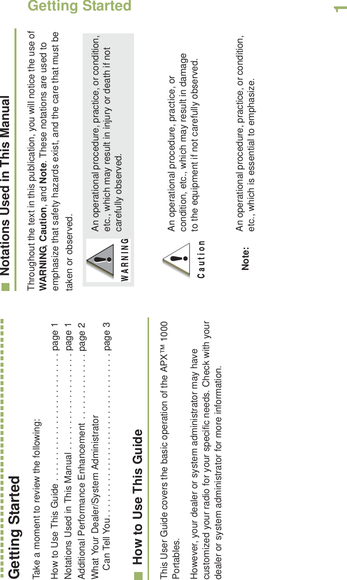 Getting StartedEnglish1Getting StartedTake a moment to review the following:How to Use This Guide . . . . . . . . . . . . . . . . . . . . . . . . . page 1Notations Used in This Manual . . . . . . . . . . . . . . . . . . . page 1Additional Performance Enhancement . . . . . . . . . . . . . page 2What Your Dealer/System Administrator Can Tell You. . . . . . . . . . . . . . . . . . . . . . . . . . . . . . . . page 3How to Use This GuideThis User Guide covers the basic operation of the APX™ 1000 Portables.However, your dealer or system administrator may have customized your radio for your specific needs. Check with your dealer or system administrator for more information.Notations Used in This ManualThroughout the text in this publication, you will notice the use of WARNING, Caution, and Note. These notations are used to emphasize that safety hazards exist, and the care that must be taken or observed.An operational procedure, practice, or condition, etc., which may result in injury or death if not carefully observed.An operational procedure, practice, or condition, etc., which may result in damage to the equipment if not carefully observed.Note: An operational procedure, practice, or condition, etc., which is essential to emphasize.!!!