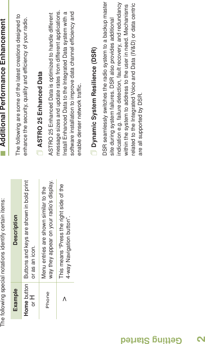 Getting StartedEnglish2The following special notations identify certain items: Additional Performance EnhancementThe following are some of the latest creations designed to enhance the security, quality and efficiency of your radio.ASTRO 25 Enhanced DataASTRO 25 Enhanced Data is optimized to handle different message sizes and update rates from different applications. Install Enhanced Data to the Integrated Data system with a software installation to improve data channel efficiency and enable denser network traffic.  Dynamic System Resilience (DSR)DSR seamlessly switches the radio system to a backup master site during system failures. DSR also provides additional indication e.g. failure detection, fault recovery, and redundancy within the system to address to the user in need. Mechanisms related to the Integrated Voice and Data (IV&amp;D) or data centric are all supported by DSR.Example DescriptionHome button or HButtons and keys are shown in bold print or as an icon.Phone Menu entries are shown similar to the way they appear on your radio’s display.&gt;This means “Press the right side of the 4-way Navigation button”.