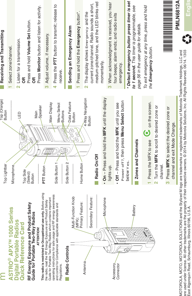 EnglishmASTRO® APX™ 1000 Series Digital Portable RadiosQuick Reference CardRF Energy Exposure and Product Safety Guide for Portable Two-Way RadiosATTENTION!This radio is restricted to Occupational use only. Before using the radio, read the RF Energy Exposure and Product Safety Guide for Portable Two-Way Radios which contains important operating instructions for safe usage and RF energy awareness and control for Compliance with applicable standards and Regulations.Radio Controls    Radio On/Off Zones and ChannelsReceiving and TransmittingSending an Emergency Alarm* Default emergency button press timer is set to 1 second. This timer is programmable, see page 56 in the user guide for details.To exit emergency at any time, press and hold the Emergency button.AntennaAccessory ConnectorMulti-Function Knob (MFK):Primary Feature:_________________Secondary Feature:_________________BatteryMicrophone•On – Press and hold the MFK until the display lights up.•Off – Press and hold the MFK until you see Power off?, then press Menu Select button below Yes.1Press the MFK to see   on the screen.2Turn the MFK to scroll to desired zone or channel.3Press MFK to select the desired zone or channel and exit Mode Change.Top Lightbar Side Button 1__________PTT ButtonTop Side (Select) Button__________ Main SpeakerMicrophoneSide Button 2__________Home ButtonLEDMenu Select ButtonsData Feature Button4-Way Navigation ButtonMain DisplayTop (Orange) Button__________1Select zone/channel.2Listen for a transmission.ORPress and hold Volume Set button.ORPress Monitor button and listen for activity.3Adjust volume, if necessary.4Press the PTT button to transmit; release to receive.1Press and hold the Emergency button*. 2The display shows Emergency and the current zone/channel. Radio sounds a short, medium-pitched tone, and the LED blinks red momentarily.3When acknowledgment is received, you hear four beeps; alarm ends; and radio exits emergency.*PMLN6812A*PMLN6812AMOTOROLA, MOTO, MOTOROLA SOLUTIONS and the Stylized M logo are trademarks or registered trademarks of Motorola Trademark Holdings, LLC and are used under license. All other trademarks are the property of their respective owners. © 2014 by Motorola Solutions, Inc. All Rights Reserved. 06/14. 1303 East Algonquin Road, Schaumburg, Illinois 60196, U.S.A.