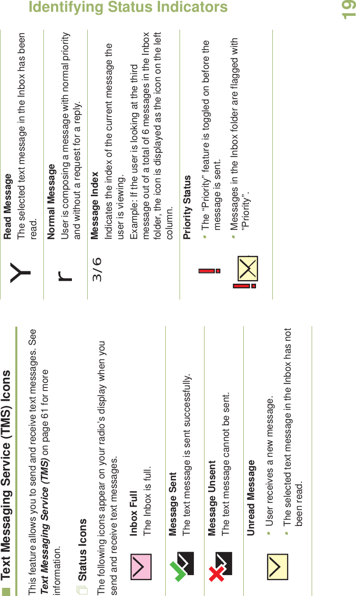 Identifying Status IndicatorsEnglish19Text Messaging Service (TMS) IconsThis feature allows you to send and receive text messages. See Text Messaging Service (TMS) on page 61 for more information.Status IconsThe following icons appear on your radio’s display when you send and receive text messages.Inbox FullThe Inbox is full.Message SentThe text message is sent successfully.Message UnsentThe text message cannot be sent.Unread Message•User receives a new message.•The selected text message in the Inbox has not been read.Read MessageThe selected text message in the Inbox has been read.Normal MessageUser is composing a message with normal priority and without a request for a reply.3/6 Message IndexIndicates the index of the current message the user is viewing. Example: If the user is looking at the third message out of a total of 6 messages in the Inbox folder, the icon is displayed as the icon on the left column.Priority Status•The “Priority” feature is toggled on before the message is sent.•Messages in the Inbox folder are flagged with ”Priority”.Yr