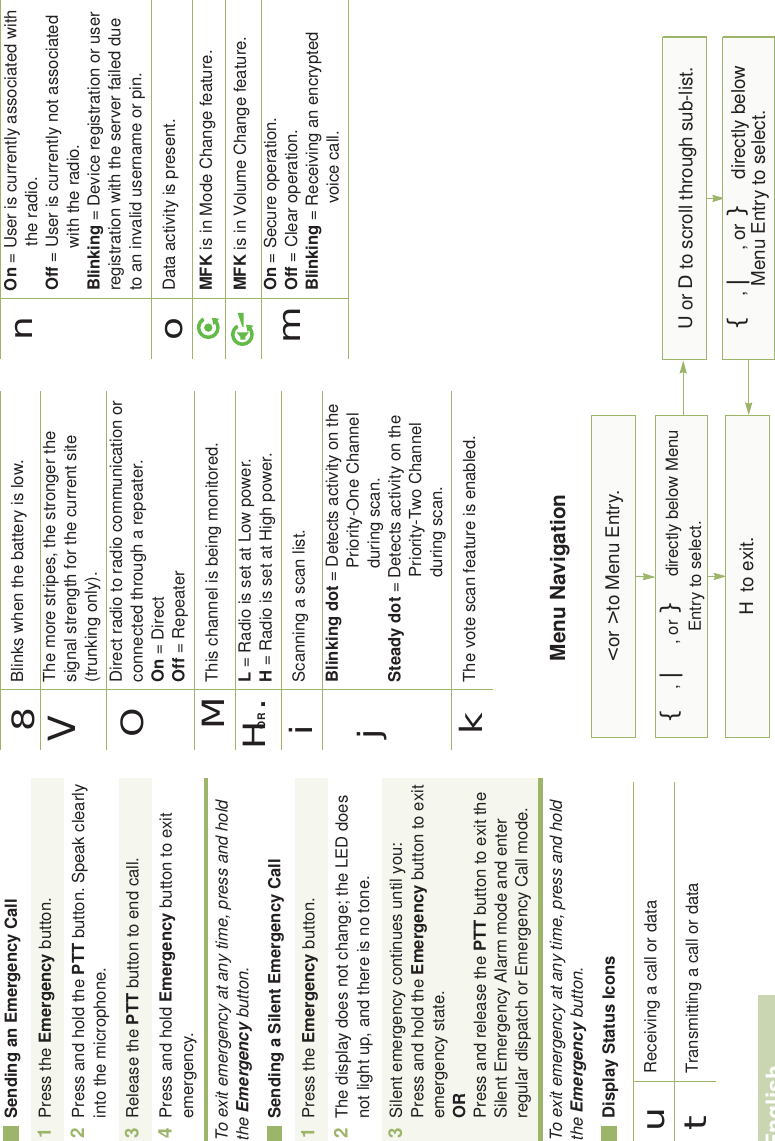 EnglishSending an Emergency CallTo exit emergency at any time, press and hold the Emergency button.Sending a Silent Emergency CallTo exit emergency at any time, press and hold the Emergency button.Display Status Icons1Press the Emergency button. 2Press and hold the PTT button. Speak clearly into the microphone.3Release the PTT button to end call.4Press and hold Emergency button to exit emergency. 1Press the Emergency button. 2The display does not change; the LED does not light up, and there is no tone.3Silent emergency continues until you:Press and hold the Emergency button to exit emergency state.ORPress and release the PTT button to exit the Silent Emergency Alarm mode and enter regular dispatch or Emergency Call mode.Receiving a call or dataTransmitting a call or datautBlinks when the battery is low.The more stripes, the stronger the signal strength for the current site (trunking only).Direct radio to radio communication or connected through a repeater.On = DirectOff = RepeaterThis channel is being monitored.L = Radio is set at Low power.H = Radio is set at High power.Scanning a scan list.Blinking dot = Detects activity on the Priority-One Channel during scan.Steady dot = Detects activity on the Priority-Two Channel during scan.The vote scan feature is enabled.8VOMHOR .ijkOn = User is currently associated with the radio.Off = User is currently not associated with the radio.Blinking = Device registration or user registration with the server failed due to an invalid username or pin.Data activity is present.MFK is in Mode Change feature.MFK is in Volume Change feature.On = Secure operation.Off = Clear operation.Blinking = Receiving an encrypted voice call.nomMenu Navigation&lt; or &gt; to Menu Entry.{, |, or } directly below Menu Entry to select.H to exit.U or D to scroll through sub-list.{, |, or } directly below Menu Entry to select.