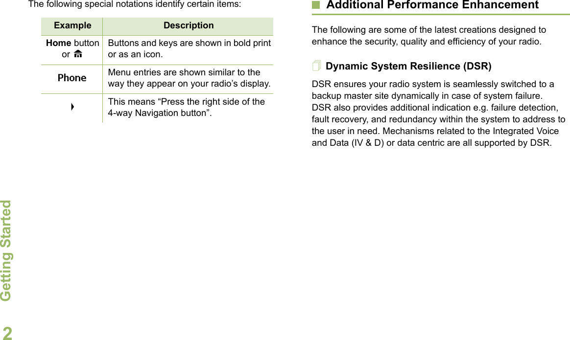 Getting StartedEnglish2The following special notations identify certain items: Additional Performance EnhancementThe following are some of the latest creations designed to enhance the security, quality and efficiency of your radio.Dynamic System Resilience (DSR)DSR ensures your radio system is seamlessly switched to a backup master site dynamically in case of system failure. DSR also provides additional indication e.g. failure detection, fault recovery, and redundancy within the system to address to the user in need. Mechanisms related to the Integrated Voice and Data (IV &amp; D) or data centric are all supported by DSR.Example DescriptionHome button or HButtons and keys are shown in bold print or as an icon.Phone Menu entries are shown similar to the way they appear on your radio’s display.&gt;This means “Press the right side of the 4-way Navigation button”.
