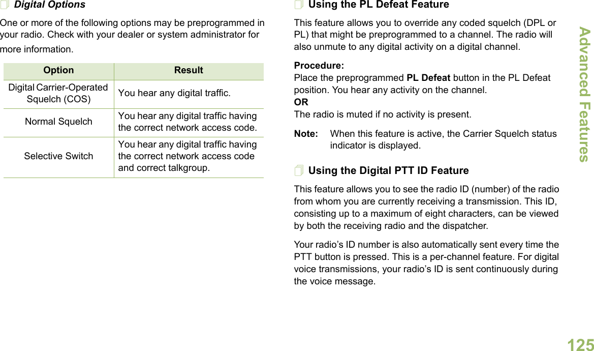 Advanced FeaturesEnglish125Digital OptionsOne or more of the following options may be preprogrammed in your radio. Check with your dealer or system administrator for more information.Using the PL Defeat FeatureThis feature allows you to override any coded squelch (DPL or PL) that might be preprogrammed to a channel. The radio will also unmute to any digital activity on a digital channel.Procedure: Place the preprogrammed PL Defeat button in the PL Defeat position. You hear any activity on the channel. ORThe radio is muted if no activity is present.Note: When this feature is active, the Carrier Squelch status indicator is displayed.Using the Digital PTT ID FeatureThis feature allows you to see the radio ID (number) of the radio from whom you are currently receiving a transmission. This ID, consisting up to a maximum of eight characters, can be viewed by both the receiving radio and the dispatcher.Your radio’s ID number is also automatically sent every time the PTT button is pressed. This is a per-channel feature. For digital voice transmissions, your radio’s ID is sent continuously during the voice message.Option ResultDigital Carrier-Operated Squelch (COS) You hear any digital traffic.Normal Squelch You hear any digital traffic having the correct network access code.Selective SwitchYou hear any digital traffic having the correct network access code and correct talkgroup.