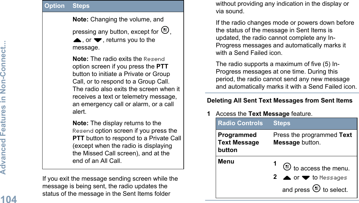 Option StepsNote: Changing the volume, andpressing any button, except for  ,, or  , returns you to themessage.Note: The radio exits the Resendoption screen if you press the PTTbutton to initiate a Private or GroupCall, or to respond to a Group Call.The radio also exits the screen when itreceives a text or telemetry message,an emergency call or alarm, or a callalert.Note: The display returns to theResend option screen if you press thePTT button to respond to a Private Call(except when the radio is displayingthe Missed Call screen), and at theend of an All Call.If you exit the message sending screen while themessage is being sent, the radio updates thestatus of the message in the Sent Items folderwithout providing any indication in the display orvia sound.If the radio changes mode or powers down beforethe status of the message in Sent Items isupdated, the radio cannot complete any In-Progress messages and automatically marks itwith a Send Failed icon.The radio supports a maximum of five (5) In-Progress messages at one time. During thisperiod, the radio cannot send any new messageand automatically marks it with a Send Failed icon.Deleting All Sent Text Messages from Sent Items1Access the Text Message feature.Radio Controls StepsProgrammedText MessagebuttonPress the programmed TextMessage button.Menu 1 to access the menu.2 or   to Messagesand press   to select.Advanced Features in Non-Connect...104English